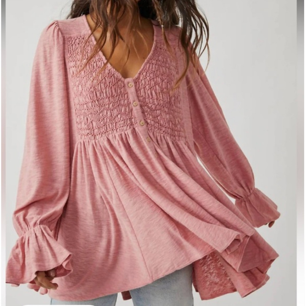 Free People Pink Smocked Button-Front Tunic